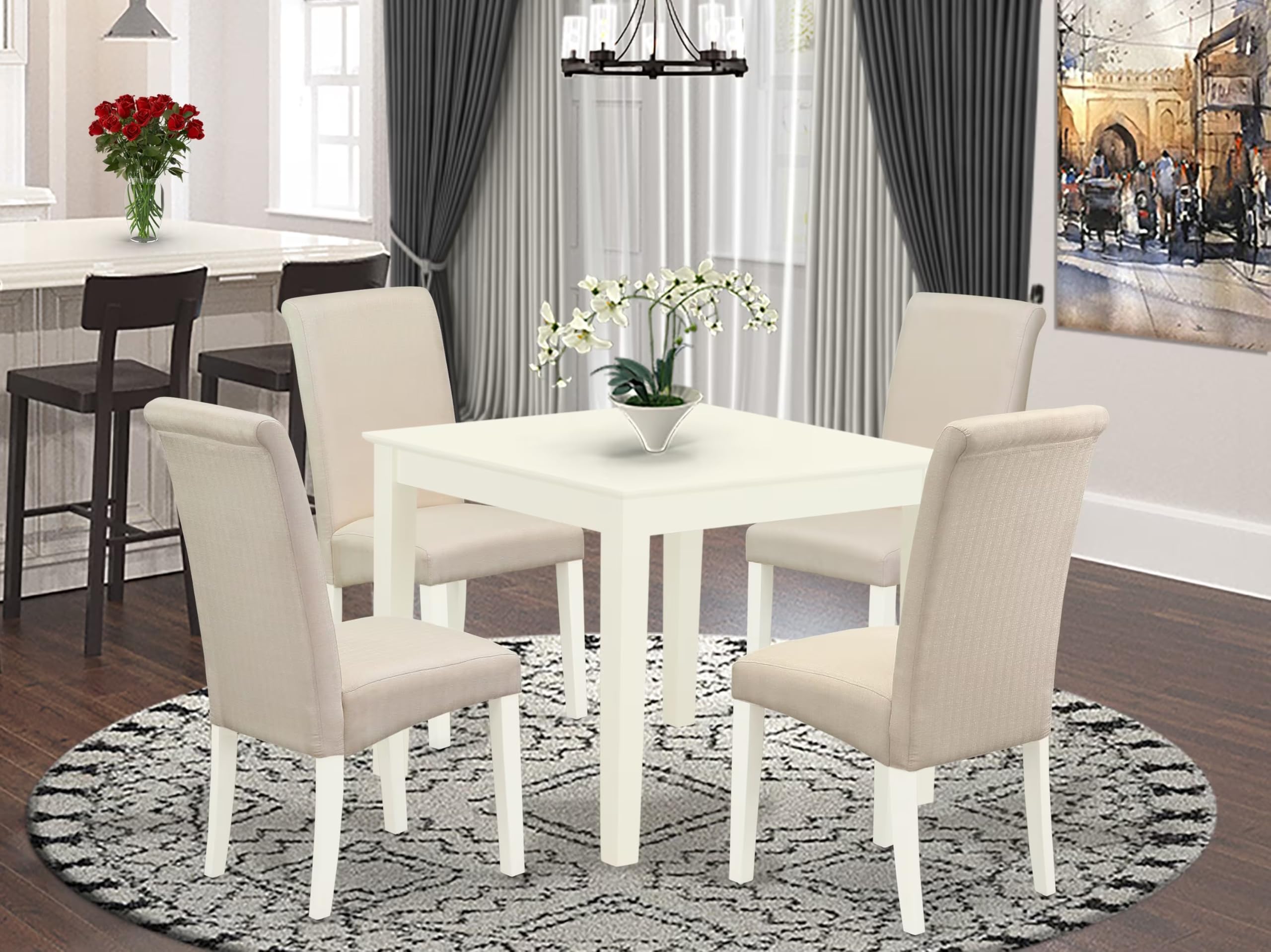 East West Furniture Oxba5-Lwh-01 5 Piece Modern Dining Table Set Includes A Square Wooden Table And 4 Cream Linen Fabric Upholstered Parson Chairs, 36X36 Inch, Linen White